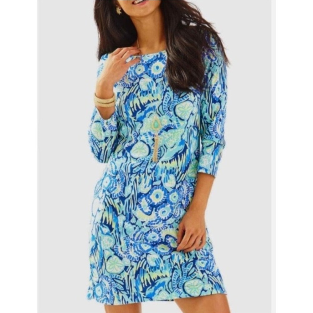 Lilly Pulitzer Hollee Dress Womens Medium Blue Green Pima Cotton3/4 Sleeve Shift